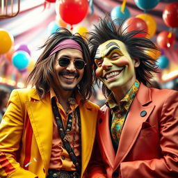 A surrealistic portrait of Johnny Depp and Jim Carrey sharing a laugh, both dressed in colorful costumes resembling characters from their movies