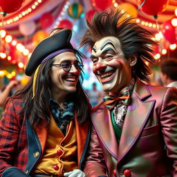 A surrealistic portrait of Johnny Depp and Jim Carrey sharing a laugh, both dressed in colorful costumes resembling characters from their movies