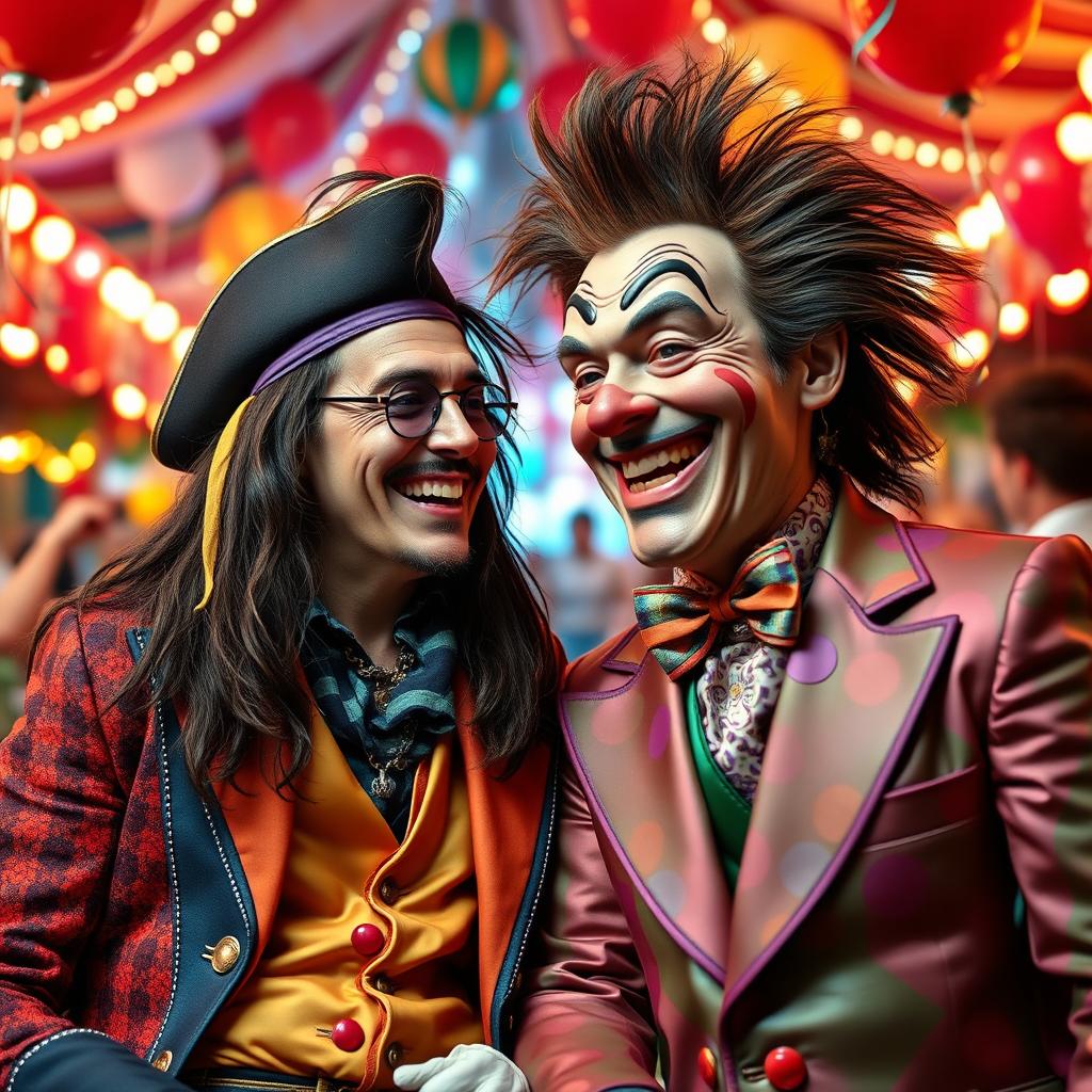 A surrealistic portrait of Johnny Depp and Jim Carrey sharing a laugh, both dressed in colorful costumes resembling characters from their movies