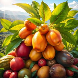 A vibrant and colorful depiction of a 'Fruta Barrera', showcasing its lush green leaves and bright, juicy fruits