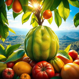 A vibrant and colorful depiction of a 'Fruta Barrera', showcasing its lush green leaves and bright, juicy fruits