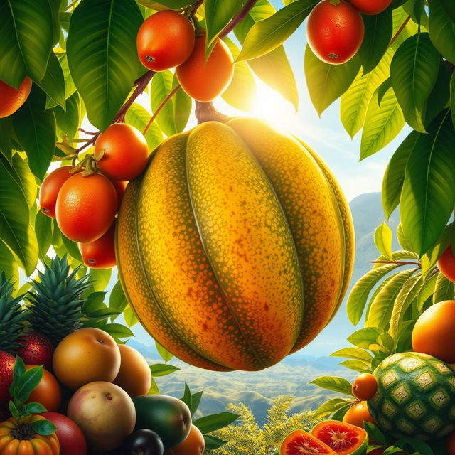 A vibrant and colorful depiction of a 'Fruta Barrera', showcasing its lush green leaves and bright, juicy fruits