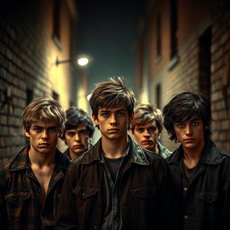 A dramatic, intense scene inspired by the theme of 'The Outsiders', depicting a group of rugged young men with classic 1960s hairstyles and clothing, standing together in a dimly lit alley
