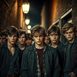 A dramatic, intense scene inspired by the theme of 'The Outsiders', depicting a group of rugged young men with classic 1960s hairstyles and clothing, standing together in a dimly lit alley