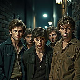 A dramatic, intense scene inspired by the theme of 'The Outsiders', depicting a group of rugged young men with classic 1960s hairstyles and clothing, standing together in a dimly lit alley