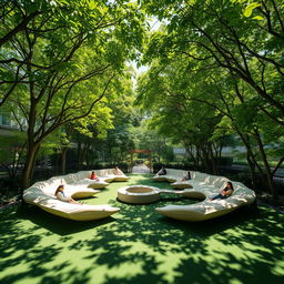 A tranquil outdoor space designed for relaxation, featuring an innovative design that resembles spread-out wings