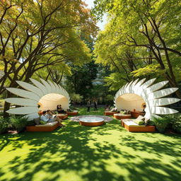 A tranquil outdoor space designed for relaxation, featuring an innovative design that resembles spread-out wings