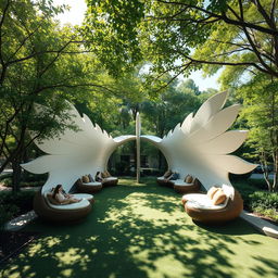 A tranquil outdoor space designed for relaxation, featuring an innovative design that resembles spread-out wings