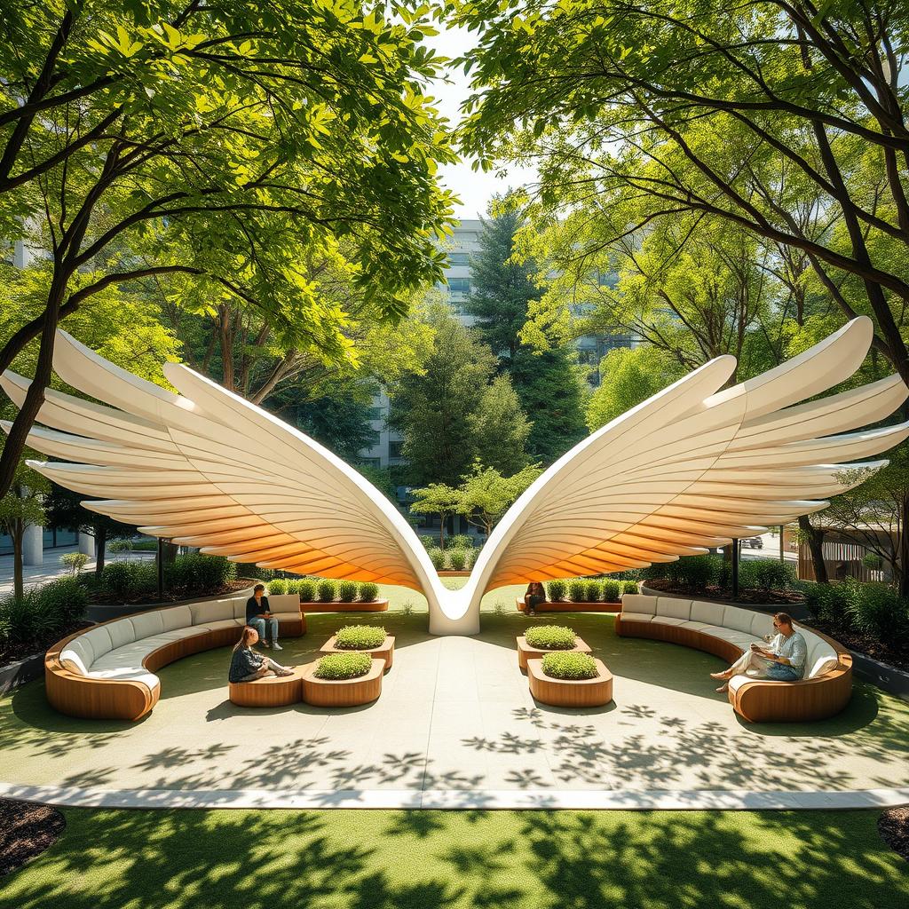 A tranquil outdoor space designed for relaxation, featuring an innovative design that resembles spread-out wings