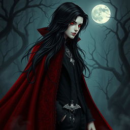 A captivating vampire character design for a gothic novel cover, featuring a tall, elegant figure with long, flowing black hair cascading over a richly embroidered crimson cape