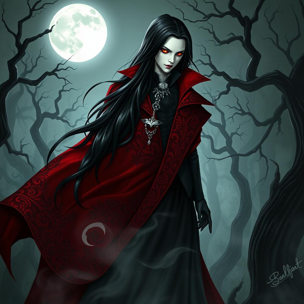 A captivating vampire character design for a gothic novel cover, featuring a tall, elegant figure with long, flowing black hair cascading over a richly embroidered crimson cape
