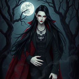 A captivating vampire character design for a gothic novel cover, featuring a tall, elegant figure with long, flowing black hair cascading over a richly embroidered crimson cape