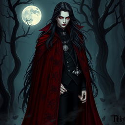A captivating vampire character design for a gothic novel cover, featuring a tall, elegant figure with long, flowing black hair cascading over a richly embroidered crimson cape