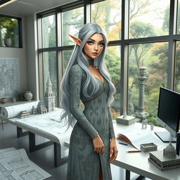 A female elf architect standing in a beautifully designed modern architecture office, surrounded by blueprints and 3D models of fantastical buildings