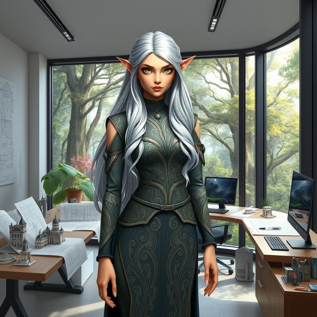 A female elf architect standing in a beautifully designed modern architecture office, surrounded by blueprints and 3D models of fantastical buildings