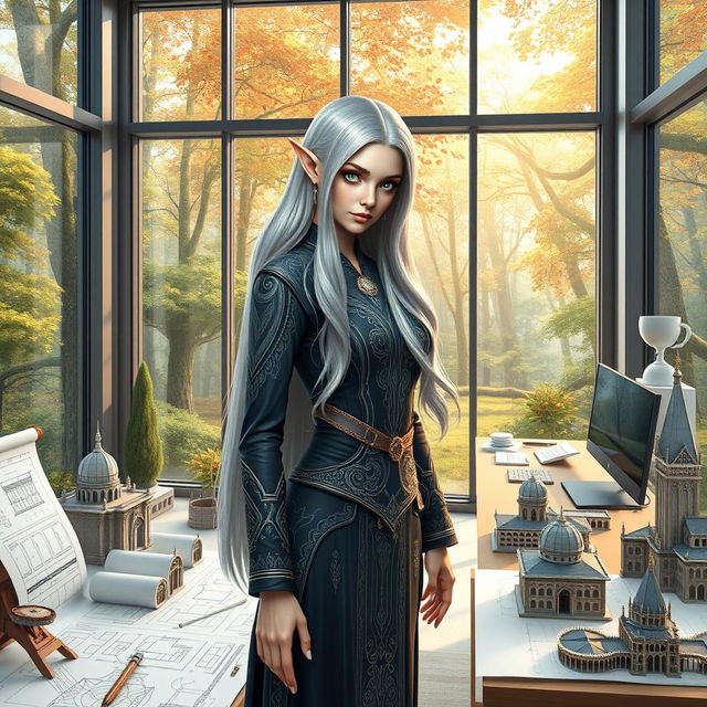 A female elf architect standing in a beautifully designed modern architecture office, surrounded by blueprints and 3D models of fantastical buildings