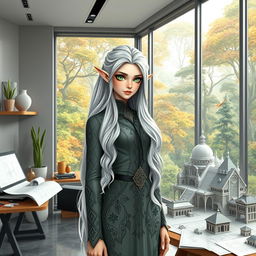 A female elf architect standing in a beautifully designed modern architecture office, surrounded by blueprints and 3D models of fantastical buildings