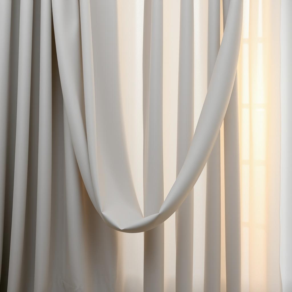 A beautiful gray curtain softly draped in a room, creating an elegant and calming atmosphere