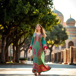 A beautiful woman walking gracefully down Chaharbagh Street in Isfahan, dressed in a traditional Persian outfit with vibrant colors, surrounded by the stunning architecture of Isfahan