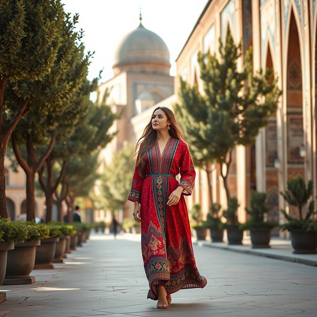 A beautiful woman walking gracefully down Chaharbagh Street in Isfahan, dressed in a traditional Persian outfit with vibrant colors, surrounded by the stunning architecture of Isfahan