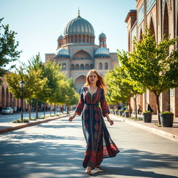 A beautiful woman walking gracefully down Chaharbagh Street in Isfahan, dressed in a traditional Persian outfit with vibrant colors, surrounded by the stunning architecture of Isfahan