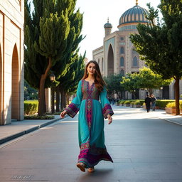 A beautiful woman walking gracefully down Chaharbagh Street in Isfahan, dressed in a traditional Persian outfit with vibrant colors, surrounded by the stunning architecture of Isfahan