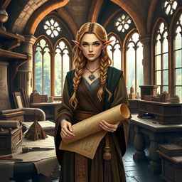 A medieval female elf architect standing in a grand stone workshop filled with ancient architectural plans and sketches