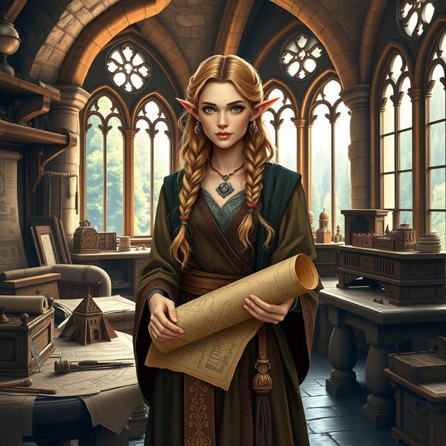 A medieval female elf architect standing in a grand stone workshop filled with ancient architectural plans and sketches