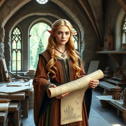 A medieval female elf architect standing in a grand stone workshop filled with ancient architectural plans and sketches