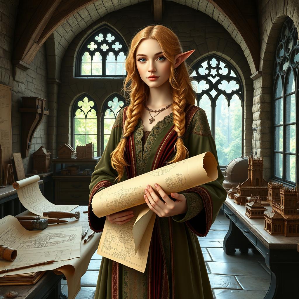 A medieval female elf architect standing in a grand stone workshop filled with ancient architectural plans and sketches