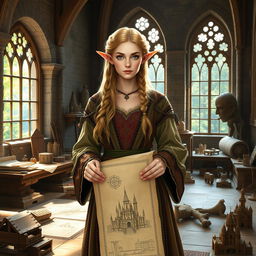 A medieval female elf architect standing in a grand stone workshop filled with ancient architectural plans and sketches