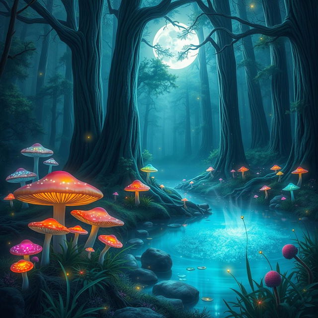 A mystical forest filled with glowing mushrooms in various colors, tall ancient trees with thick trunks, and a sparkling, clear pond reflecting the moonlight