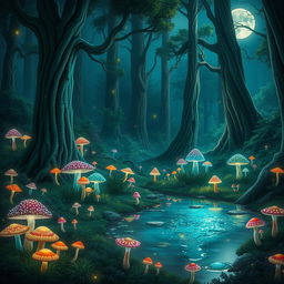 A mystical forest filled with glowing mushrooms in various colors, tall ancient trees with thick trunks, and a sparkling, clear pond reflecting the moonlight