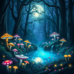 A mystical forest filled with glowing mushrooms in various colors, tall ancient trees with thick trunks, and a sparkling, clear pond reflecting the moonlight