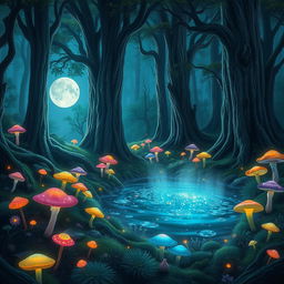 A mystical forest filled with glowing mushrooms in various colors, tall ancient trees with thick trunks, and a sparkling, clear pond reflecting the moonlight