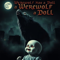 A thrilling and eerie poster featuring a menacing werewolf howling at the moon in a dark, urban cityscape at night