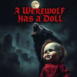 A thrilling and eerie poster featuring a menacing werewolf howling at the moon in a dark, urban cityscape at night