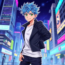 A stylized anime illustration of an 18-year-old male character
