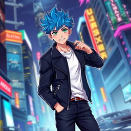 A stylized anime illustration of an 18-year-old male character