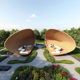 An innovative outdoor space designed for relaxation and gatherings, featuring a unique structure shaped like spread-out wings