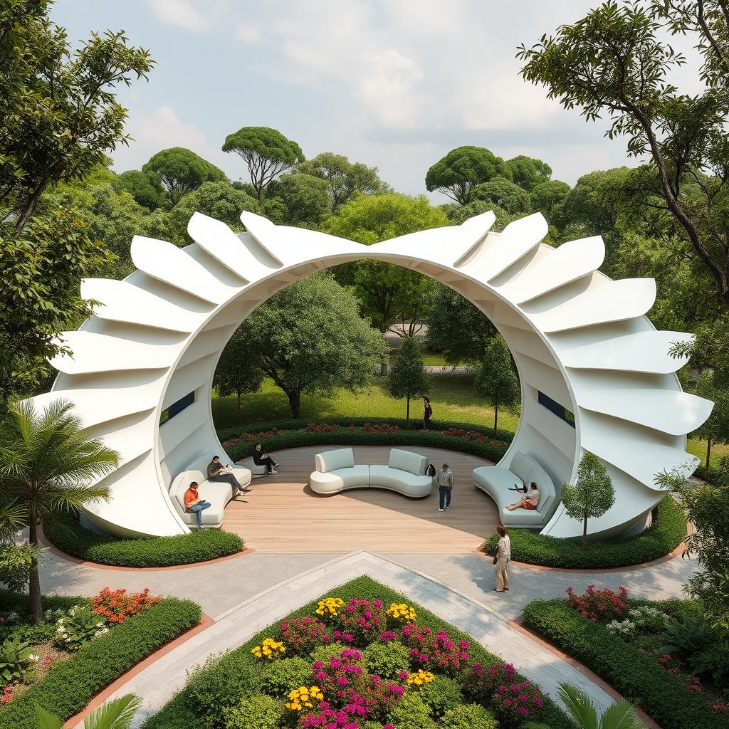 An innovative outdoor space designed for relaxation and gatherings, featuring a unique structure shaped like spread-out wings