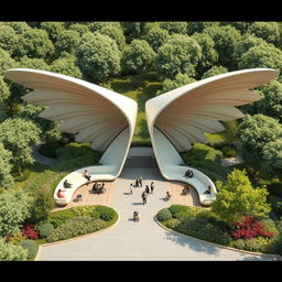 An innovative outdoor space designed for relaxation and gatherings, featuring a unique structure shaped like spread-out wings