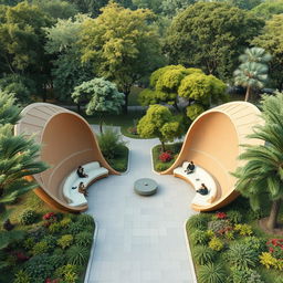 An innovative outdoor space designed for relaxation and gatherings, featuring a unique structure shaped like spread-out wings