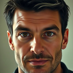A 40-year-old man with stubble, a small round face, and wide eyebrows