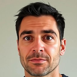 A 40-year-old man with stubble, a small round face, and wide eyebrows