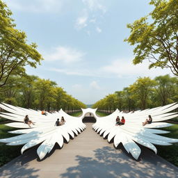 A serene space designed for relaxation and gatherings, shaped like spread-out wings resembling feathers