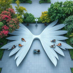 A serene space designed for relaxation and gatherings, shaped like spread-out wings resembling feathers