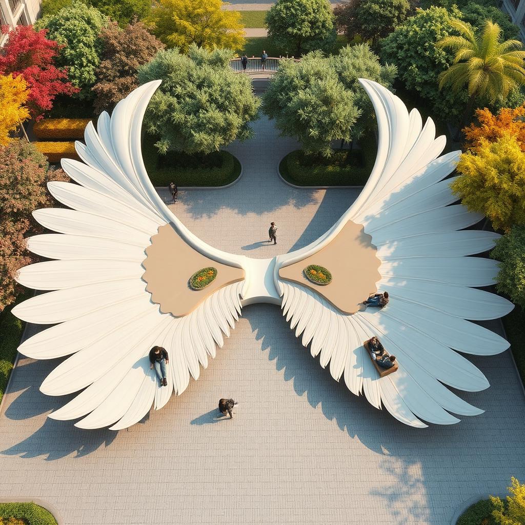 A serene space designed for relaxation and gatherings, shaped like spread-out wings resembling feathers