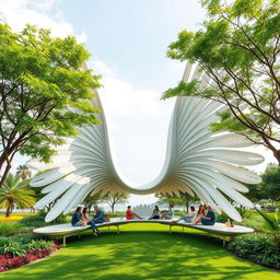 A serene space designed for relaxation and gatherings, shaped like spread-out wings resembling feathers