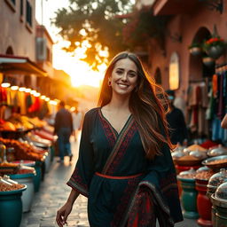 A beautiful woman walking gracefully down the scenic streets of Afous city, adorned in traditional Moroccan attire